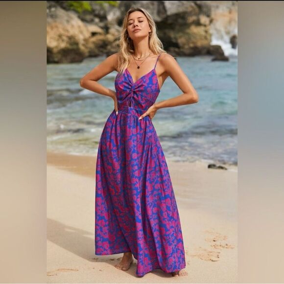 Blue/Red Cupshe Floral Tie-Back Maxi Dress Size M NWT - Picture 6 of 8
